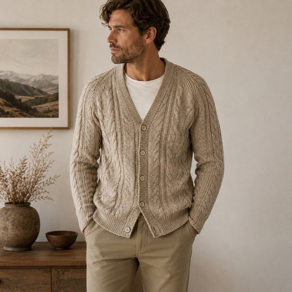 Fotrama 100% Alpaca Wool Cable Knit Cardigan Grandpa Sweater Men’s S Bolivia